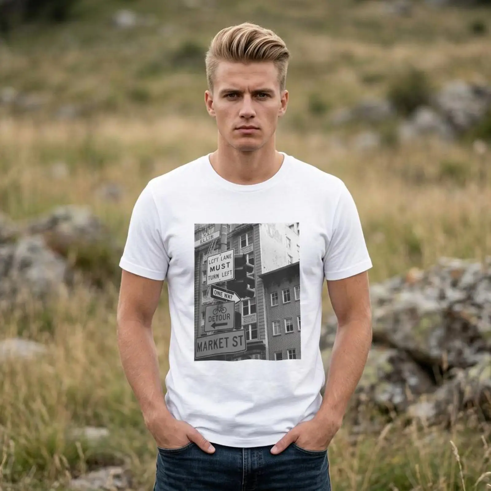 Urban Street Fashion Photography - Футболка с принтом уличных знаков Маркет-стрит,