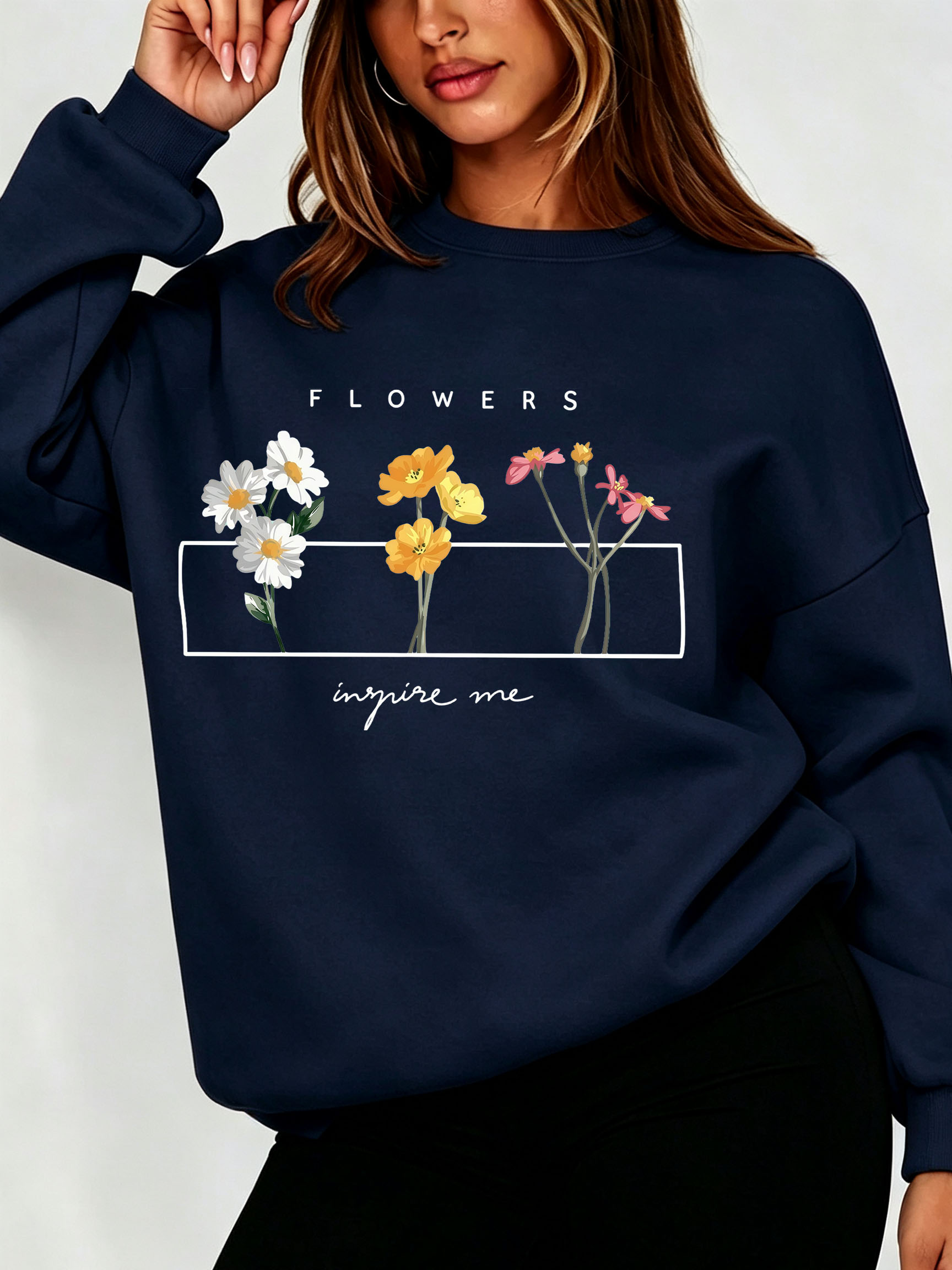 Oversized Crewneck Fleece - Женский свитшот с цветочным принтом «Маргаритки»,
