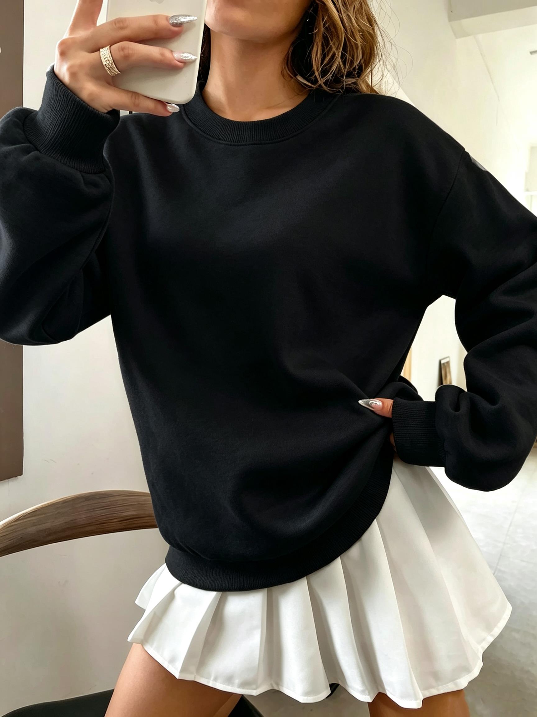 Oversized Crewneck Fleece - Корейский женский свитшот оверсайз однотонного цвета